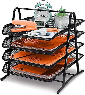 4 Tier Office Filing Trays Holder A4 Document Letter Paper Wire Mesh Storage UK • £9.95