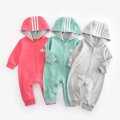 Newborn Baby Boy Girl Hooded Romper Zip Jumpsuit Bodysuit Clothes Outfits 0-18 M • £12.99