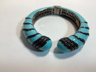 Stunning JOAN BOYCE Light Blue Enamel & BLACK RHINESTONES Metal CUFF BRACELET • $40