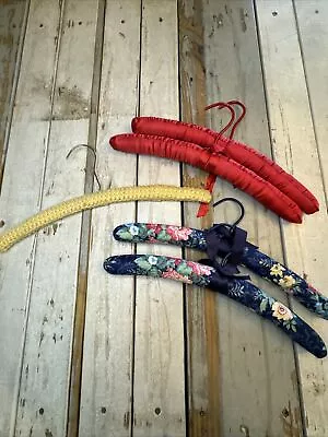 Vintage Red Satin Blue Floral Fabric & One Crochet Padded Coat Hanger Lot Of 5 • $19