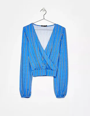 $20.53 • Buy BNWT Bershka (Zara) Size 8 Small Crop Top Long Sleeved Sky Blue Striped Jersey 