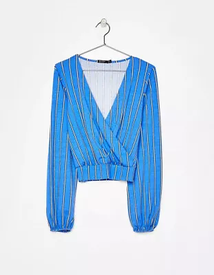$20.53 • Buy BNWT Bershka (Zara) Size 8 Small Crop Top Long Sleeved Sky Blue Striped Jersey 