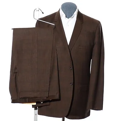 44L Long Vintage 60s Brown Plaid Wool Thin Lapels 2-Piece Suit 36x30 Trousers XL • $198