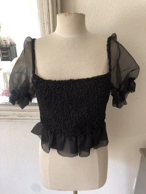 $23 • Buy Staud Crop Top Black Smocked Bodice Sheer Sleeves Sz M