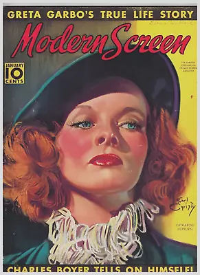 Modern Screen Mag Jan 1938 Cover KATHERINE HEPBURN Fine Painted By Earl Christy • $30