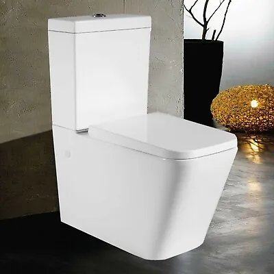 Rimless Close Coupled Toilet Square Eco Flush Back To Wall Soft Close Seat NEW • £204.90