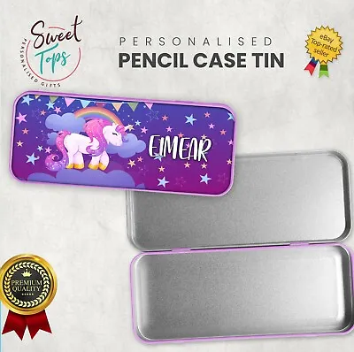 Personalised Name Unicorn Metal Pencil Case School Kids Stationary Cover • £7.99