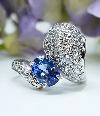 Vintage Ceylon Sapphire Diamond Ring 18K White Gold 3.5ct Colorless Toi Et Moi   • $2995