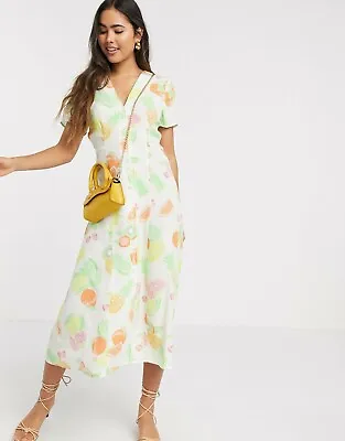 New Warehouse Fruit Salad Print Button Front Midi Tea Dress Party Summer Look Uk • £49