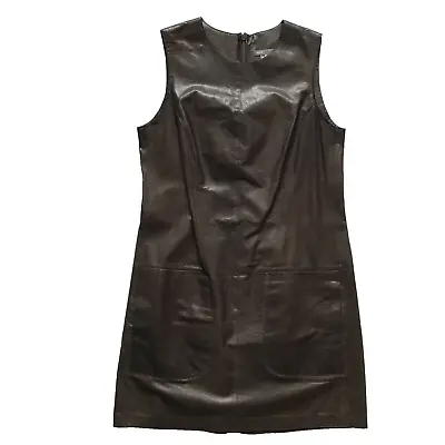Vince Lamb Leather Mini Dress Womens 8 Brown Sleeveless Crew Neck Shift Pockets • $128.74
