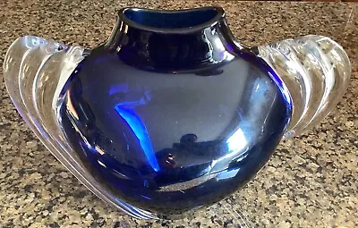 Vintage Thomas Buechner Vitrix Art Glass Vase Cobalt Blue & Clear Wings 7” X 9” • $99.99
