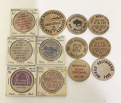 Lot Of 12 Vintage Wooden Nickels.  See Pics For Details. • $9