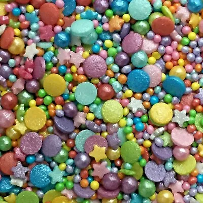 RAINBOW GLIMMER MIX - CONFETTI STARS & PEARLS -  Edible Cake Sugar Sprinkles • £3.95