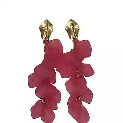 Long Pink And Gold Leaf Drop Dangle Statement Earrings Spring 2024 925 Sterling • $19