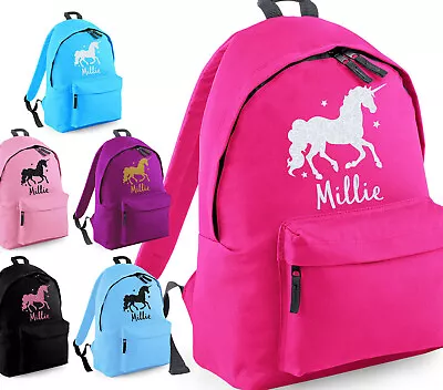Personalised Girls Unicorn Glitter Backpack Kids School Horse Ride Bag Rucksack • £9.45
