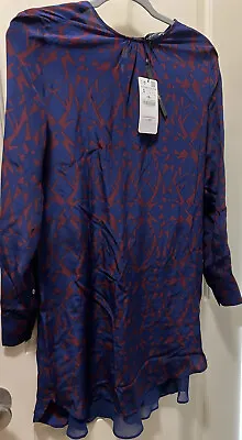 Zara Womens Navy Blue 100% Mulberry Silk Abstract Printed Tunic Dress Size S • $41