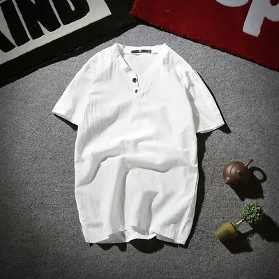 $10.08 • Buy ⭐⭐Mens Henley Neck Plain Loose T-Shirt Short Sleeve Casual Summer Grandad Shirts