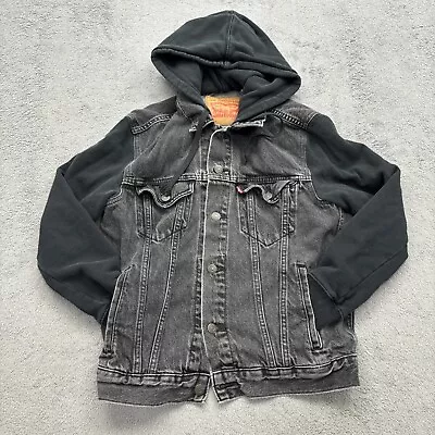 Levis Denim Hoodie Jacket Mens Small Gray Black Hooded Button Casual Pockets • $19.97