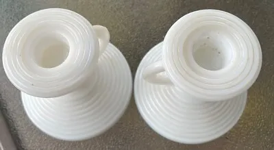 Vintage Milk Glass Ribbed Chamberstick Taper Candle Holder Art Deco Set 2 • $8.75