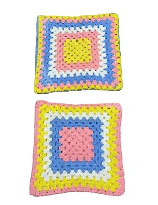 Vintage Granny Square Crochet Pillow Covers Pastel Kawaii Pink Spring Easter 70s • $21.98