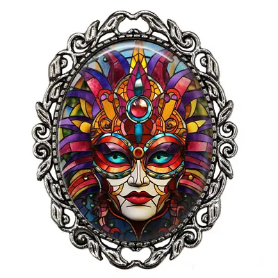 Stained Glass Effect Mardi Gras Jewelry Mask Feathers Beads Decorative Brooch • $14.95