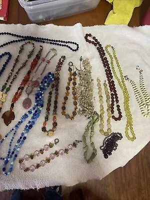 18  SEMI PRECIOUS STONE GLASS & CRYSTAL  BEAD NECKLACE LOT Lapis Agate 14kclasp • $98