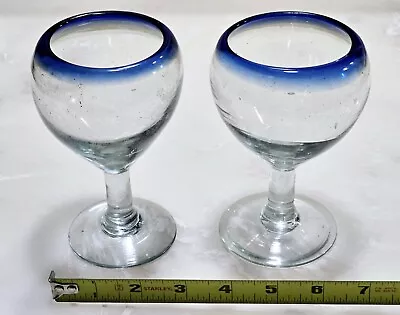 Mexican Hand-Blown Glassware Cobalt Blue Rim Original Tumbler Set Of 2 • $16