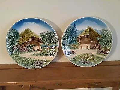 Vintage  Made In West Germany Majolica Relief Wall Plate Forest Cottage Set Of 2 • $30