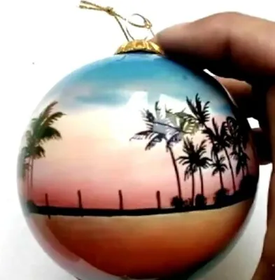 Hawaiian Hand Painted Hawaii Palm Trees Sunset Beach Glass Christmas Ornament • $20.79