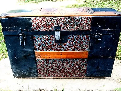 Late 1800s Metal  DOME STEAMER TRUNK - Embroider Zinc Floral Leather Handles  • $1100