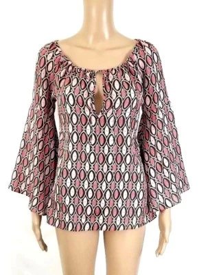 $9 • Buy ALLEGRA HICKS Silk Pink Lip Print Bell Sleeve V Neck With Tie Blouse Sz 6