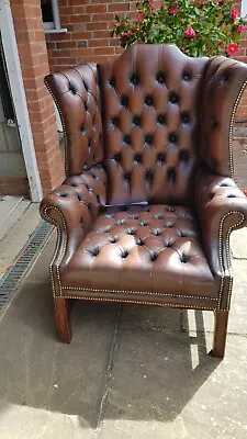 Chesterfield Style High Back Chair In Brown  Leather.   In Good Condition.   • £103