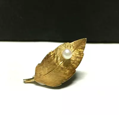 Vintage KREMENTZ Brooch Yellow Gold Filled LEAF & Genuine White PEARL L32e • $24