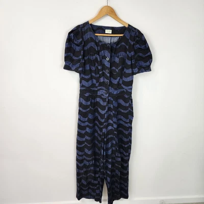 $59.90 • Buy Gorman Jumpsuit Womens 10 Blue Black Denim Look Pockets Puff Sleeve Ladies 