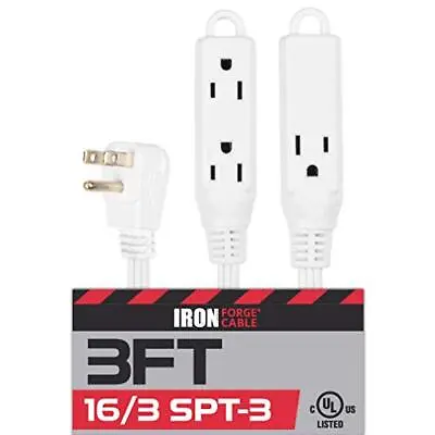 3 Ft Extension Cord With 3 Electrical Power Outlets - 16/3 Durable White Cable • $9.31