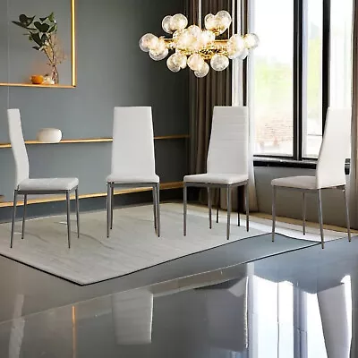 White 4PCS PVC Leather Dining Chair Modern High Back & Gray Leg Kitchen Chair • $110.95