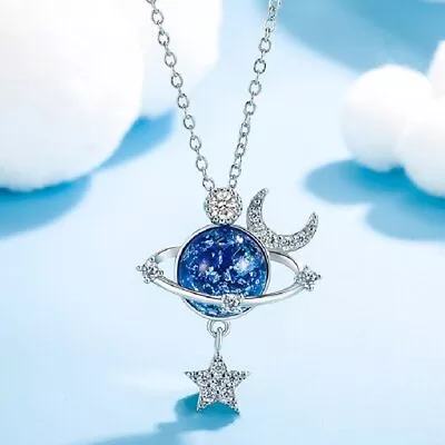 925 Sliver Zircon Planet Star Moon Women Pendant Necklace Choker Charm Jewelry • $2.04