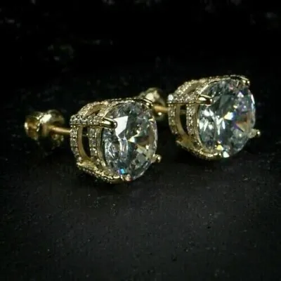 4Ct Round Cut Diamond Men's Lab-Created Stud Earrings 14K Yellow Gold Finish • £59.99