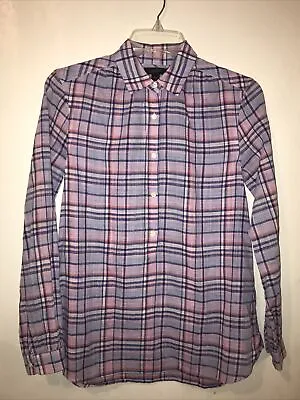 J Crew Womens Popover Top Sz 00 Purple Pink Plaid Long Sleeve Gathered F4348 NEW • $33.70