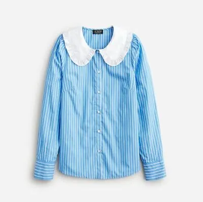 J Crew Blue Striped Peter Pan White Long Sleeve Button Front Poplin Shirt 4 6 8 • $39.99