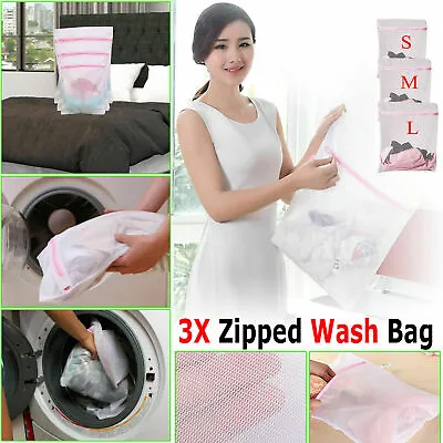 3 X Zipped Laundry Washing Mesh Net Bra Sox Underwear Washing Machine Wash Bag • £4.15
