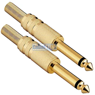 2 X 6.35mm MONO 1/4  Male Jack Plug Cable CONNECTOR Metal GOLD 6.3mm Adapter • £3.95