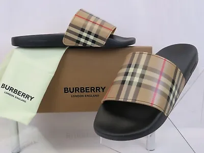 Nib Burberry Furley Black Rubber Beige Vintage Check Logo Sandal Slides 44 Us 11 • $225