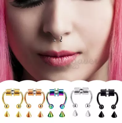 Silver Clip On Hoop Magnetic Septum Horseshoe Stainless Steel Fake Nose Rings • £3.99