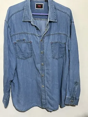 Vintage Wrangler Hero Blue Denim Button Up Work Shirt Sz XL XG Western Workwear • $28