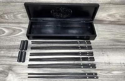 Vintage Box Chinese Black Wood Chopstick Holder Box 9.5  & 12 Chop Stick Resuabl • $25