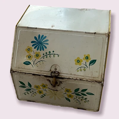 $120 • Buy Vintage MCM 2 Door Tin Bread Box Pie Safe Metal Vented Yellow White Flower Theme