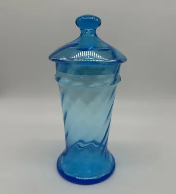 VTG Blue Art Glass Optic Apothecary Jar Lidded Lid MCM Mid Century Modern 9 Inch • $24