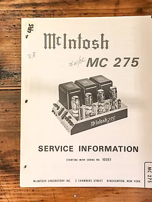 McIntosh MC275 / MC-275 Amplifier Service Manual *Original* • $59.97