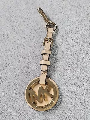 Michael Kors GOLD MK Logo Buckle TAUPE Smooth Leather Loop Hang Tag Bag Charm • $15